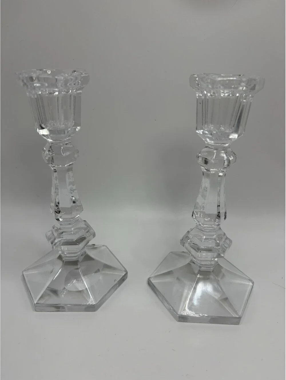 Vintage Mikasa Style 7 Inch Hexagonal Crystal Candle Holders Pair